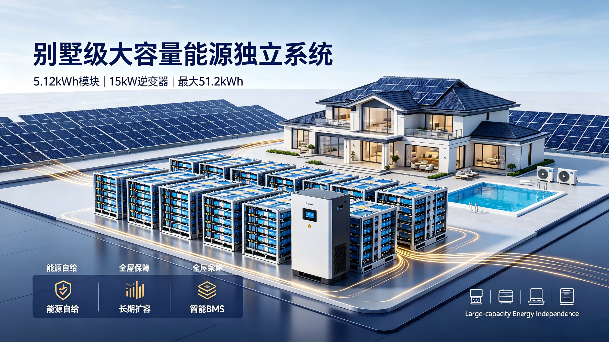 别墅级大容量堆叠磷酸铁锂储能能源独立方案
