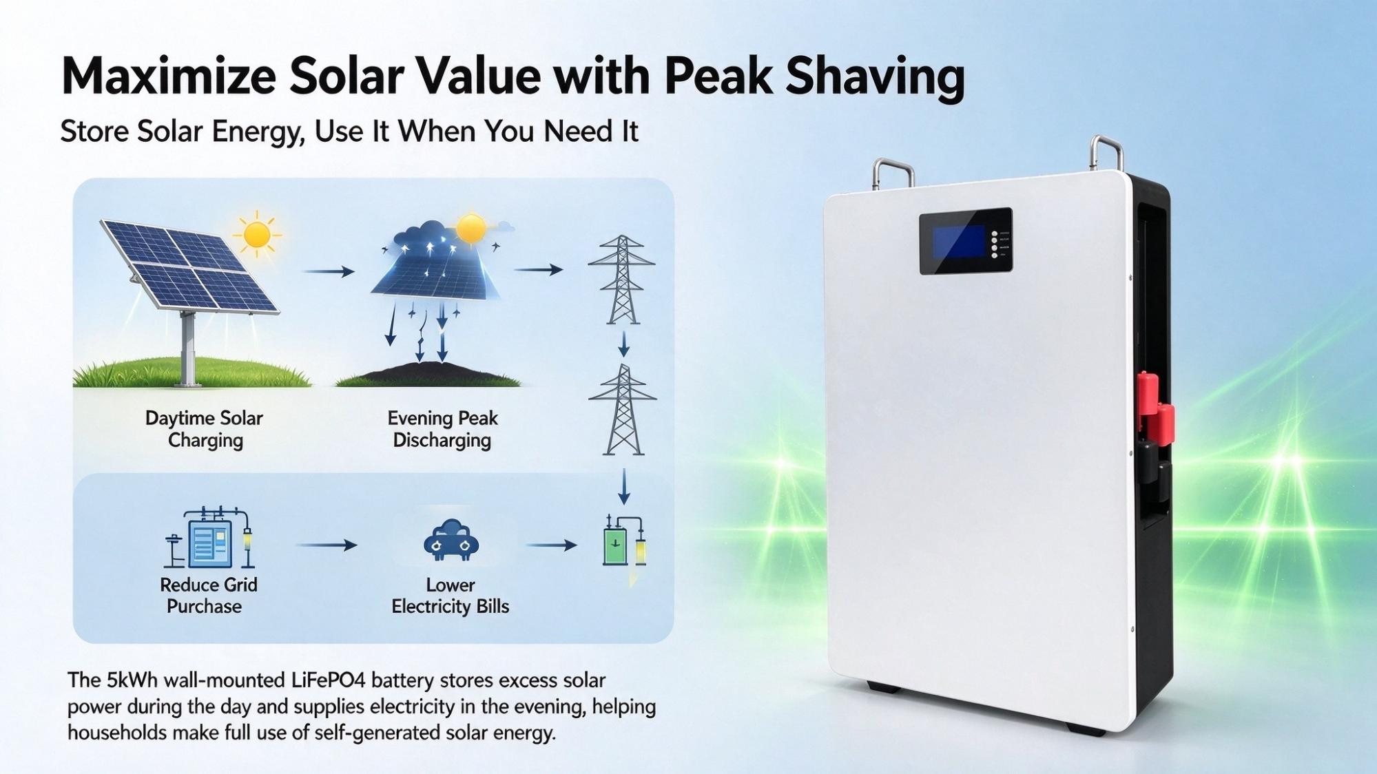 5kWh Wall-mounted Storage Battery, Maximize Value of Solar Peak Shaving