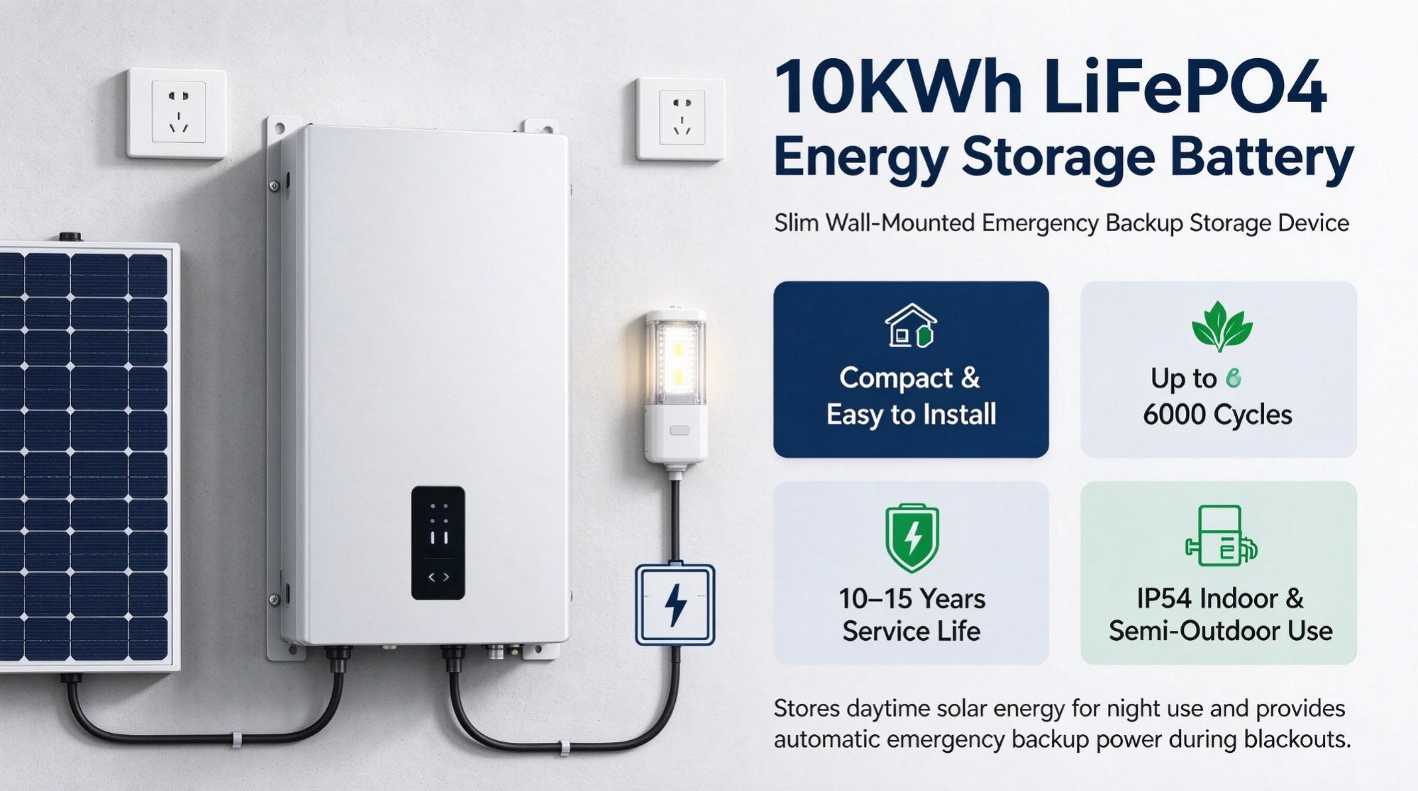 10KWh LiFePO4 Energy Storage Battery – Slim Wall-mounted Emergency Backup Storage Device