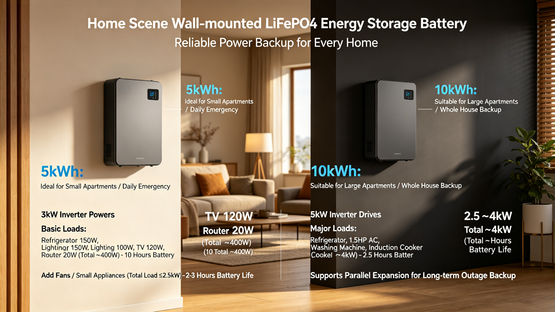 Battery load configuration of 5kWh/10kWh for household applications