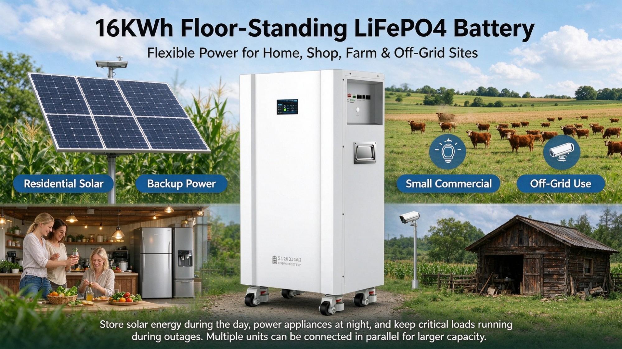站立式 16KWh 储能电池应用场景：户用光伏与离网供电